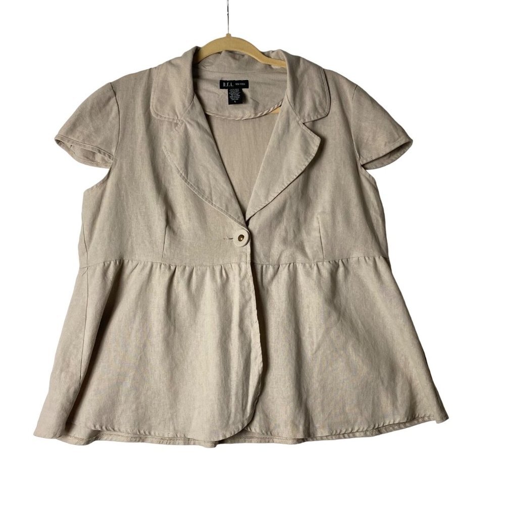 D.F.A. New York Short Sleeve Single Button Blazer Women Large Tan Linen Blend